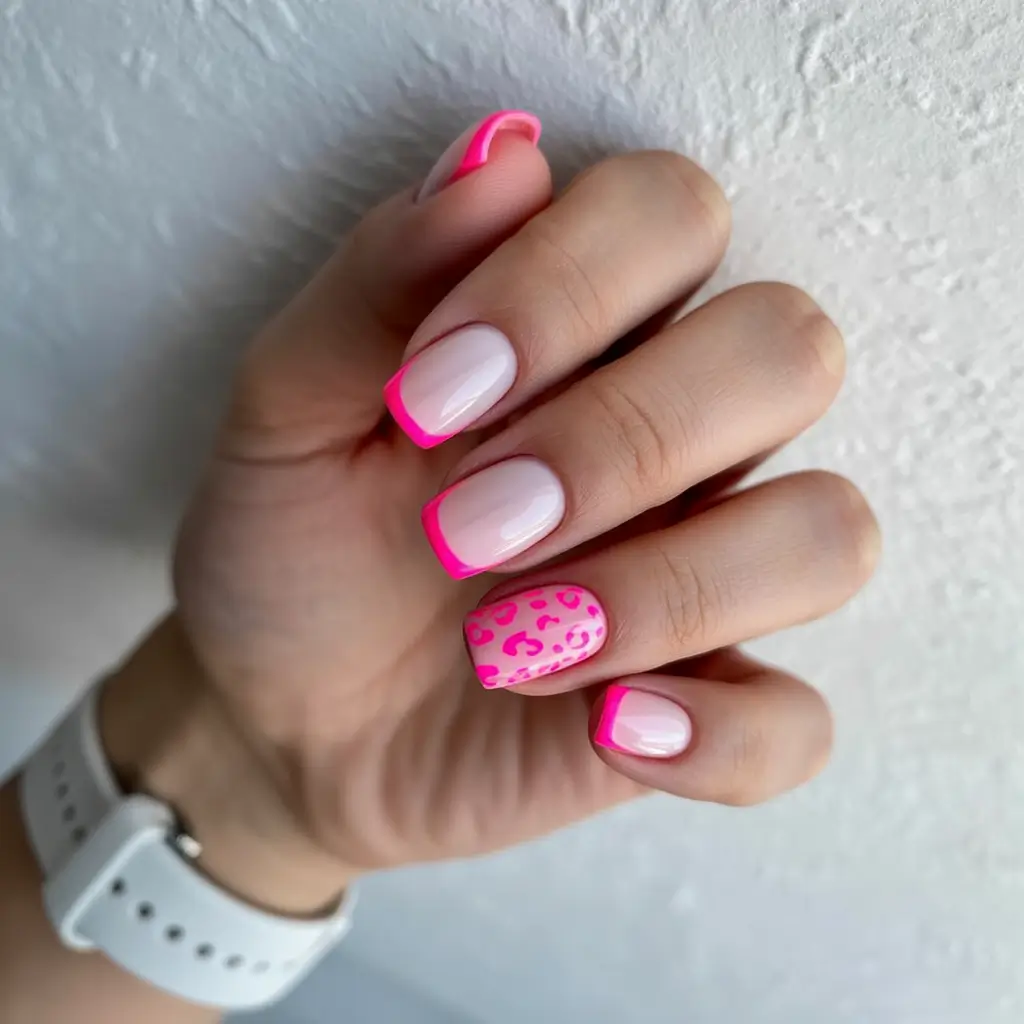 pink fall nails 2025 Pink French with Leopard Twist