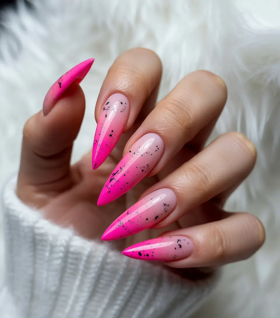 pink fall nails 2025 Sharp Ombre with Black Speckles