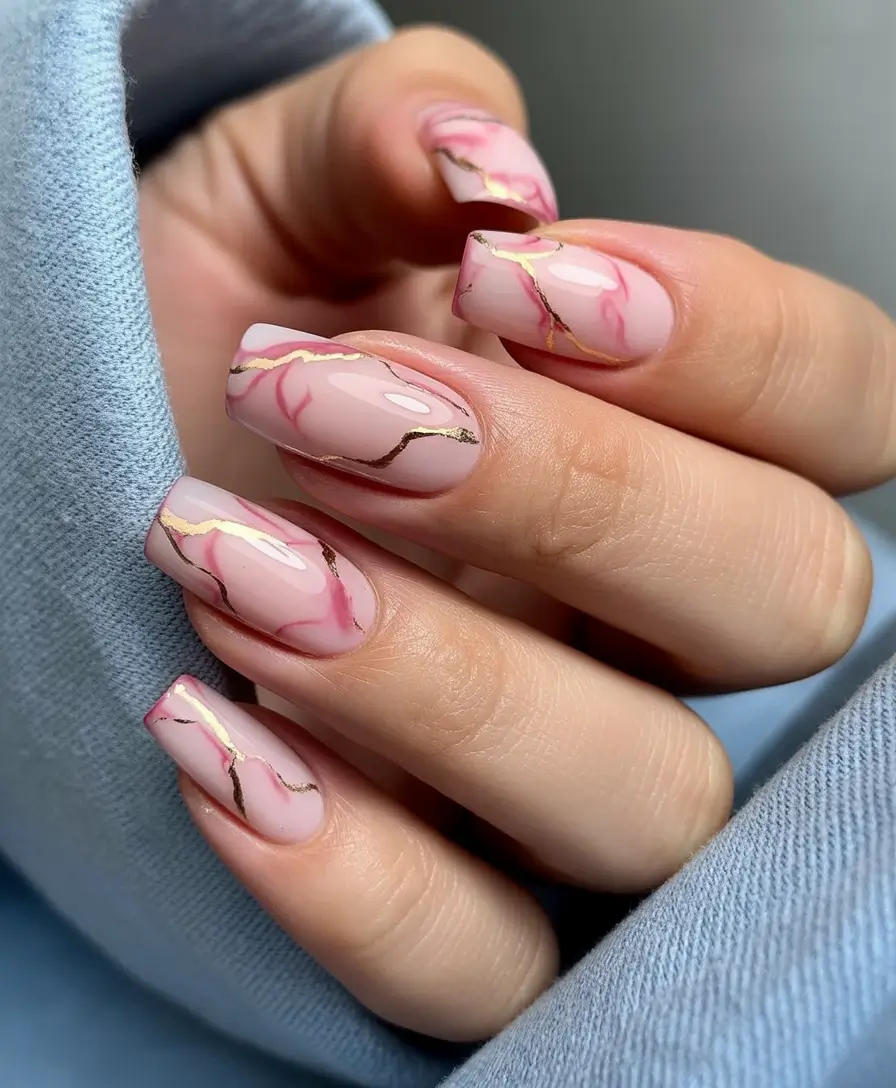 pink fall nails 2025 Marble Veins with Gold Accents