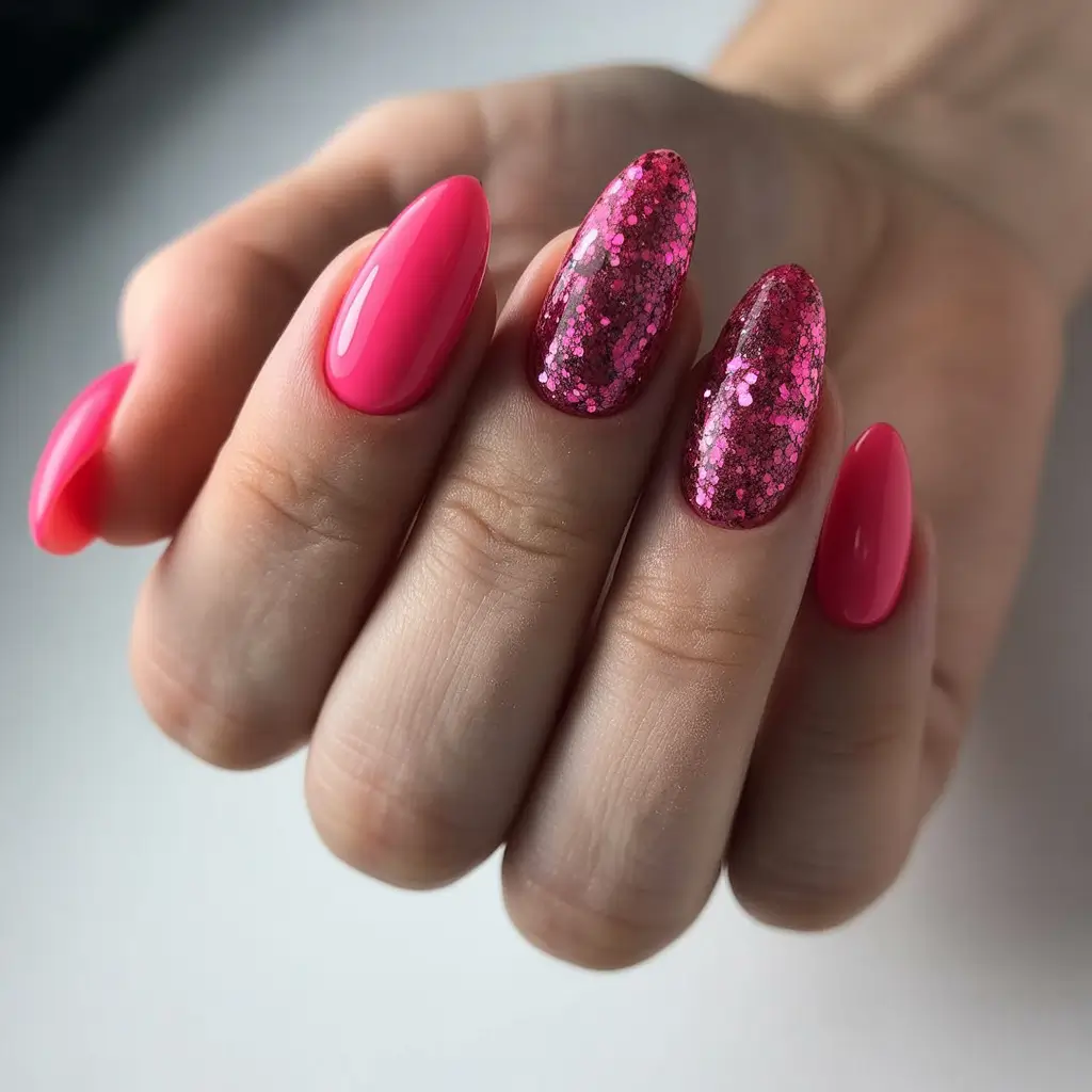 pink fall nails 2025 Sparkling Pink Almond Glam