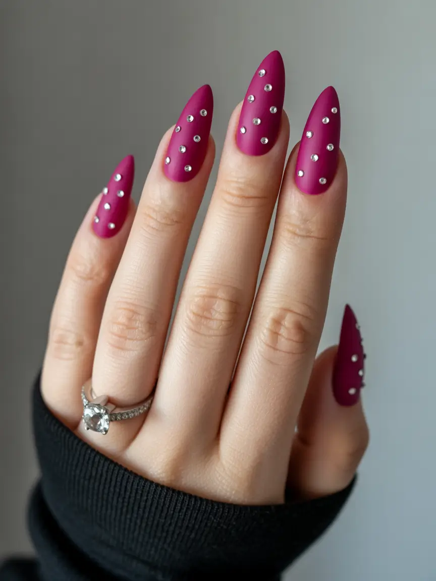 pink fall nails 2025 Dusty Mauve With Rhinestones