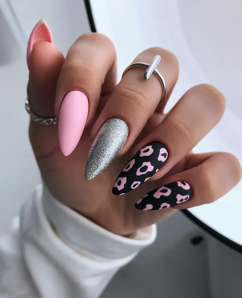 pink fall nails 2025 Edgy Pink and Silver Contrast