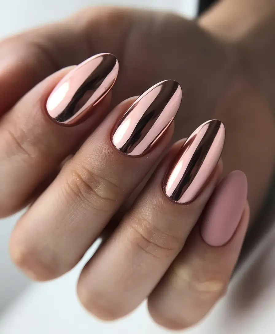 pink fall nails 2025 Rose Chrome Elegance