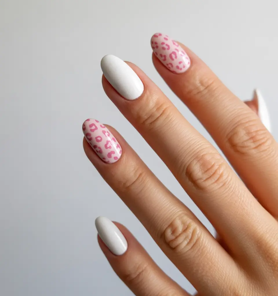 pink fall nails 2025 White and Pink Leopard Play