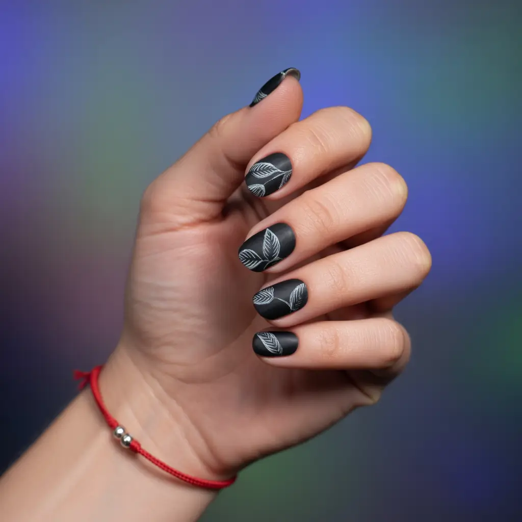 short fall nails Matte Charcoal Leaves