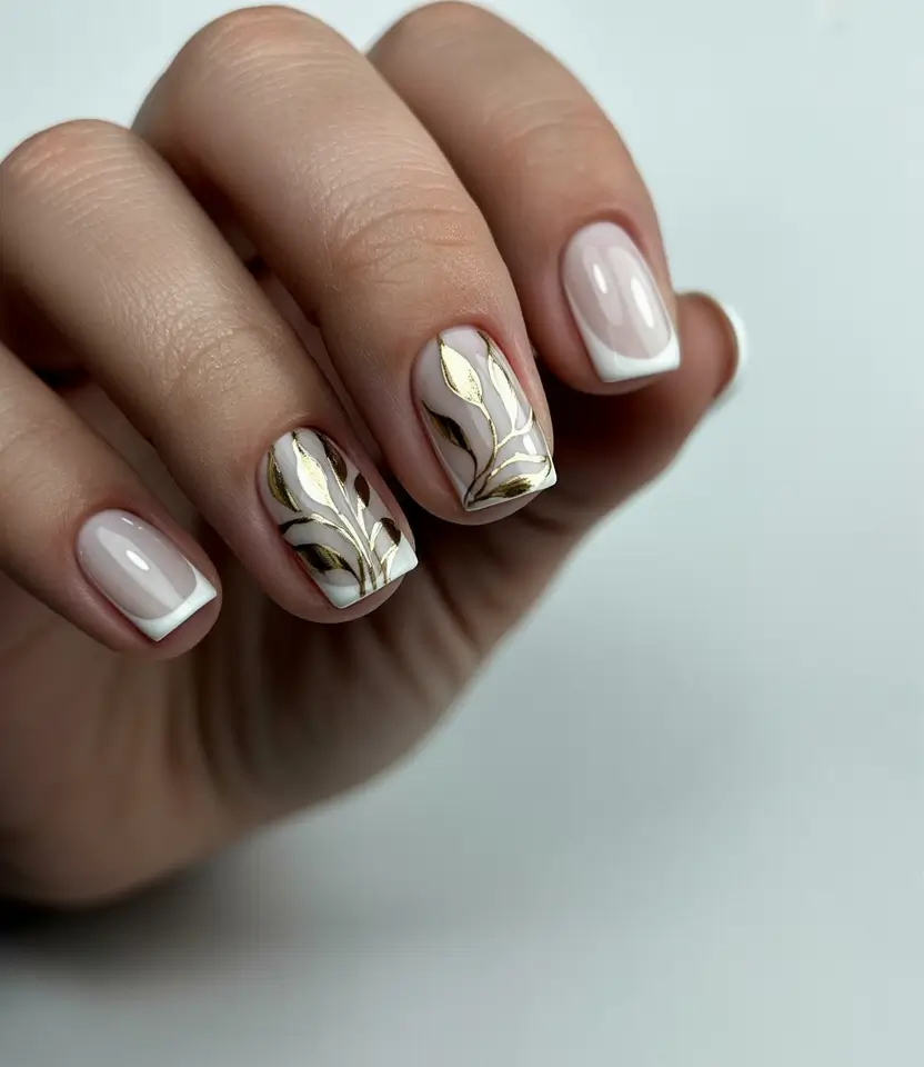short fall nails trends 2025 Golden Leaf French Elegance