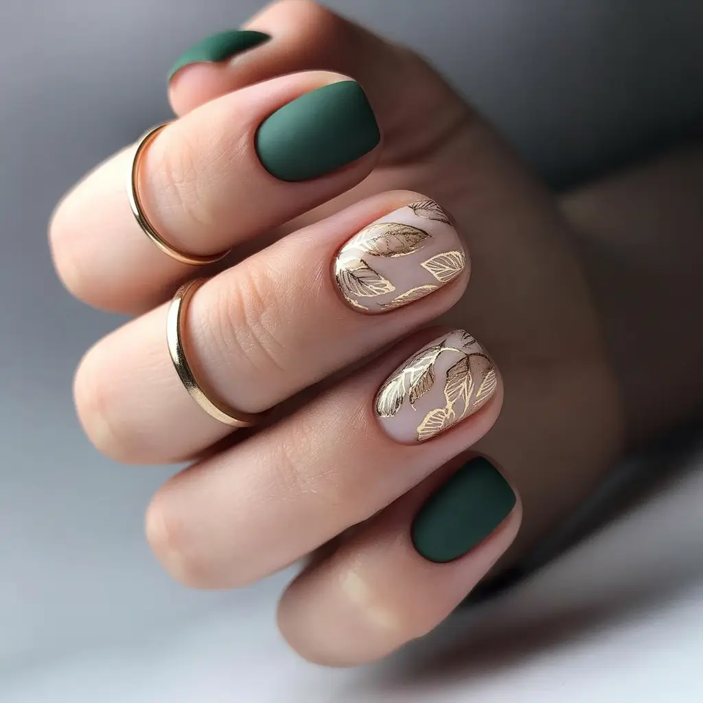 short fall nails trends 2025 Matte Forest with Gilded Leaves