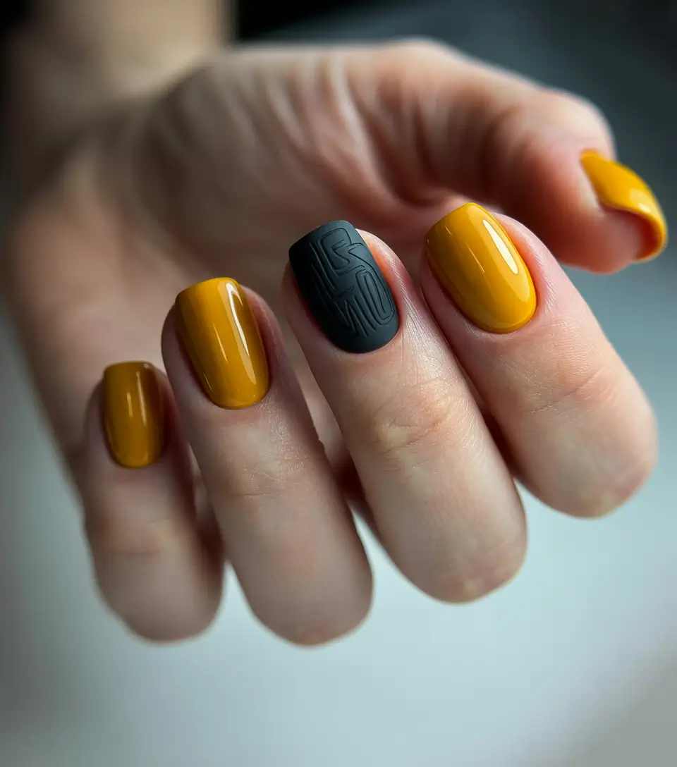 short fall nails trends 2025 Amber and Midnight Accent