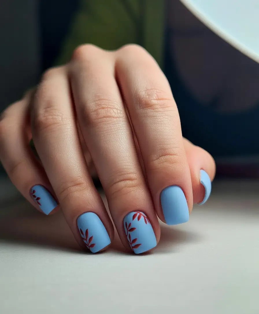 short fall nails Frosted Sky with Crimson Leaves