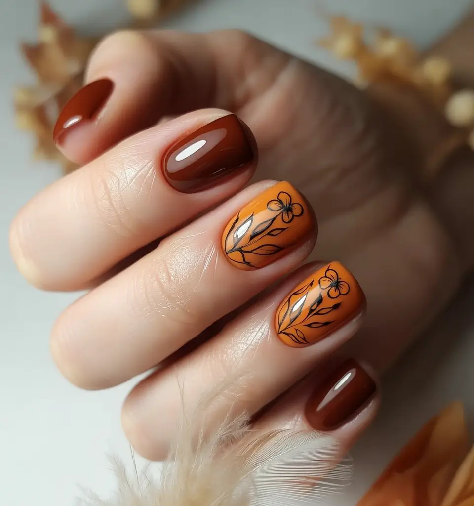 short fall nails trends 2025 Rust and Floral Sketch