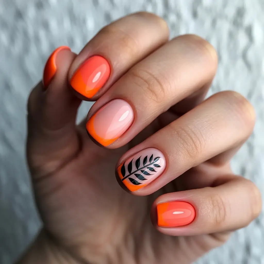 short fall nails trends 2025 Sunset French with Leaf Accent