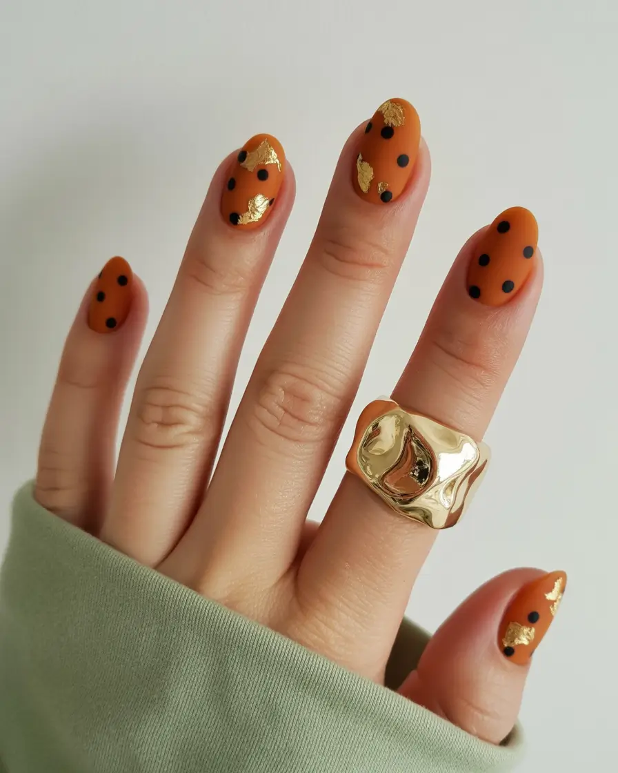 short fall nails trends 2025 Matte Pumpkin with Polka and Gold