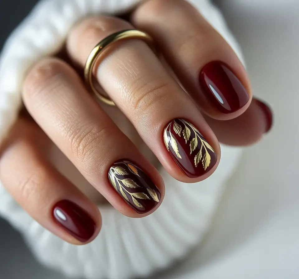 short fall nails trends 2025 Wine Red with Golden Leaves