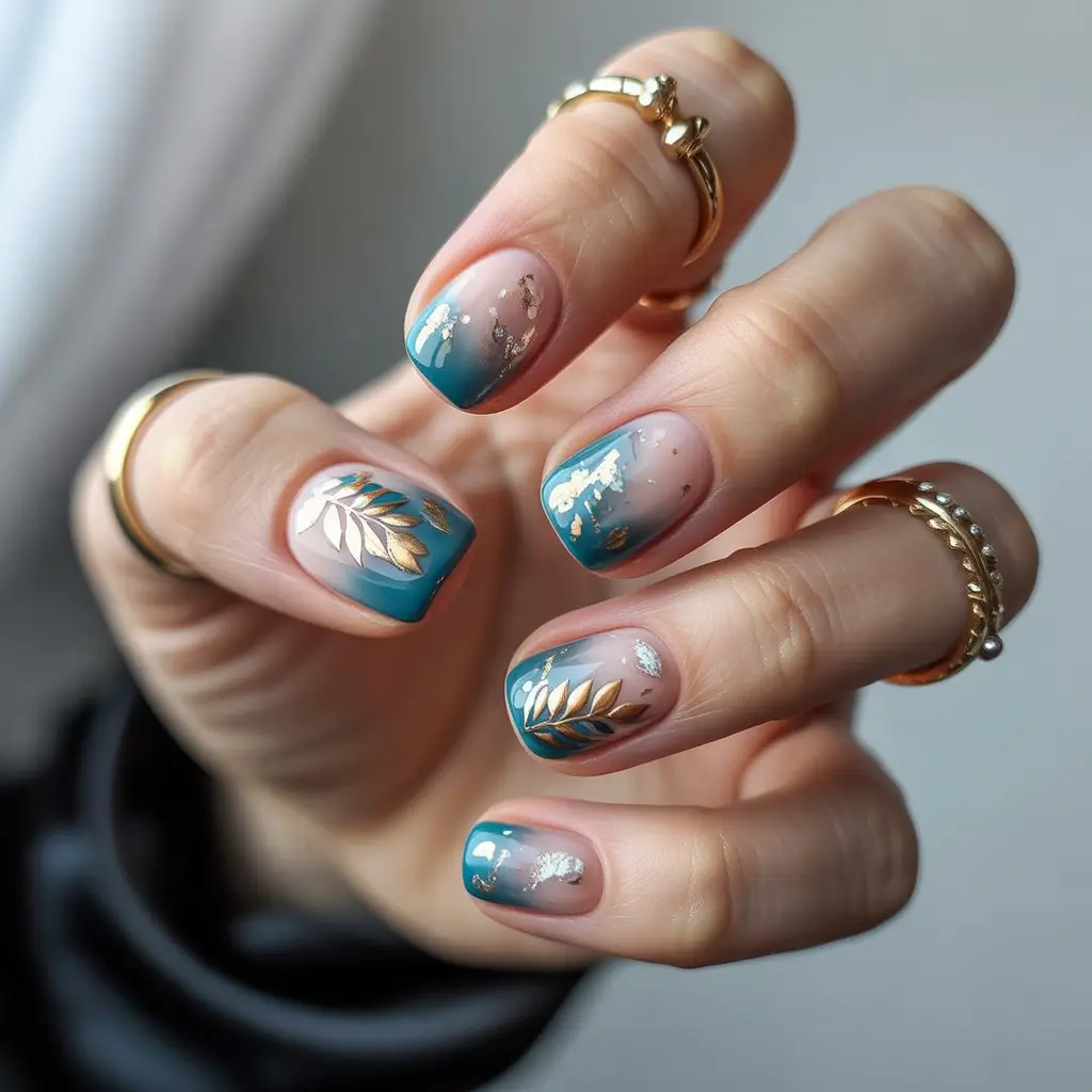 short fall nails Teal and Gold Botanical Fade