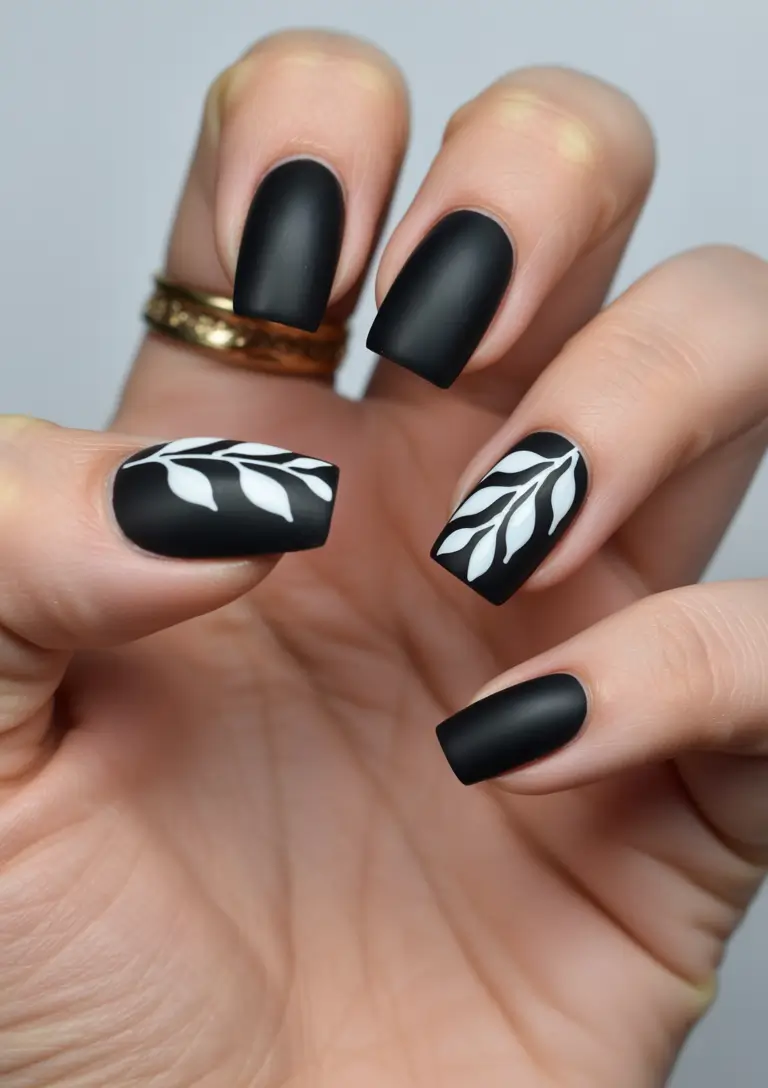 simple fall nails inspo 2025 Matte Noir with Minimalist Leaf Art