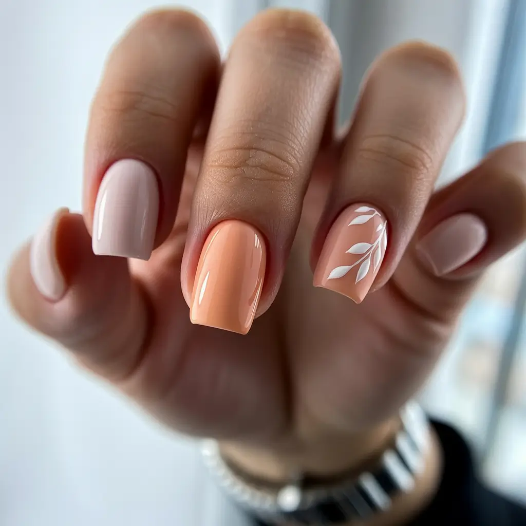simple fall nails inspo 2025 Peach and Nude with Delicate Leaf Accent