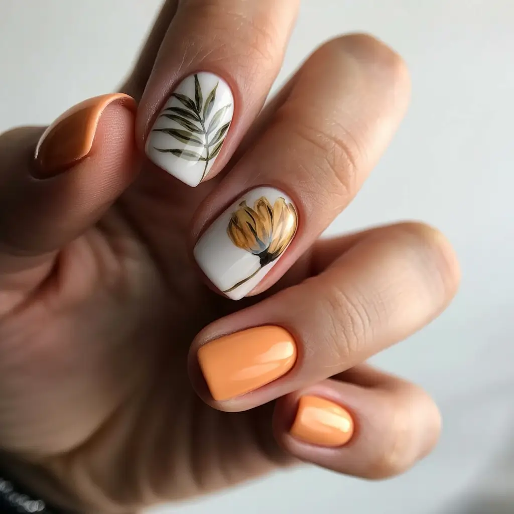 simple fall nails inspo 2025 Golden Bloom and Palm Accent