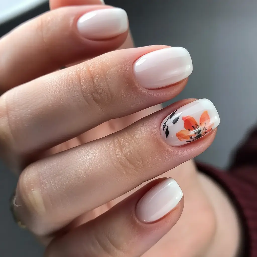simple fall nails inspo 2025 Soft Ombré with Single Bloom