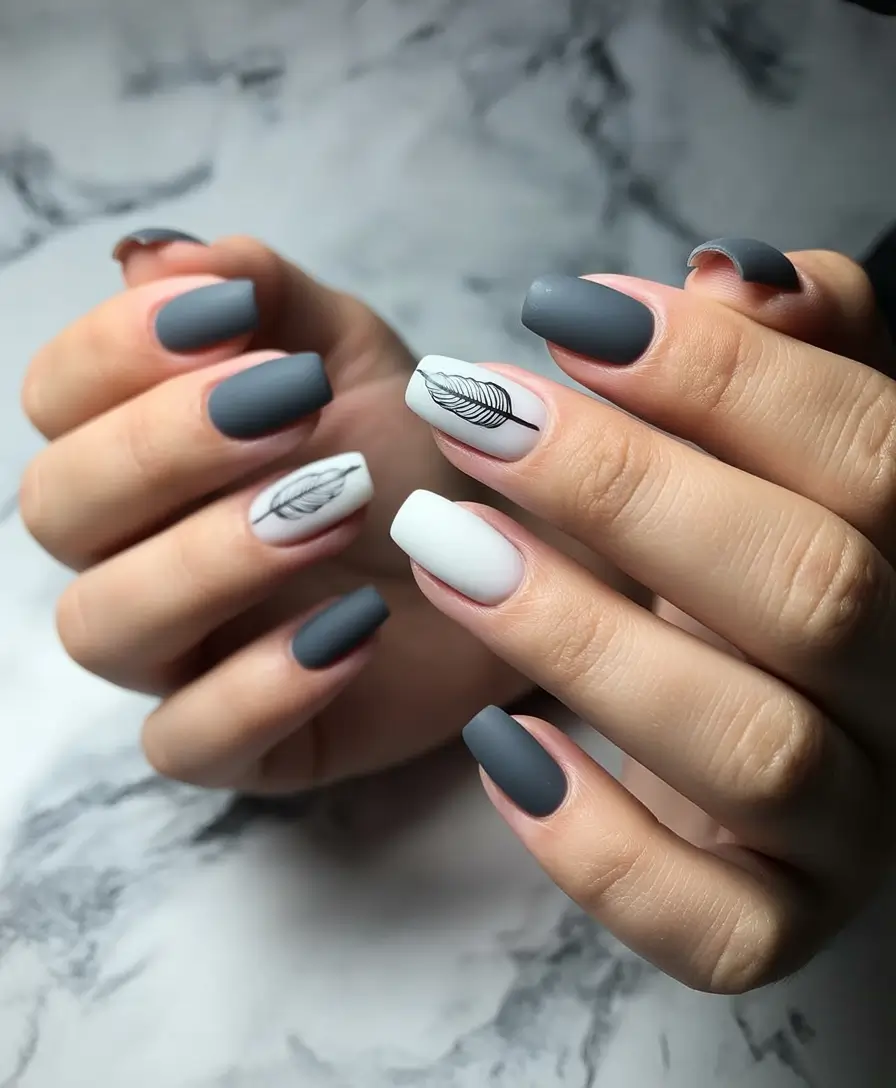 simple fall nails inspo 2025 Matte Grey and White with Fine Leaf Sketch