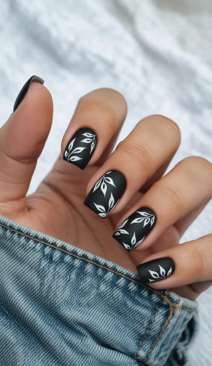 simple fall nails inspo 2025 Black Matte with Repeating Leaf Motif