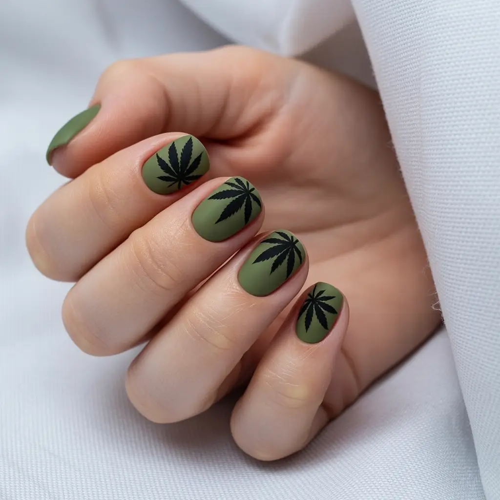 simple fall nails inspo 2025 Olive Green with Bold Black Botanicals