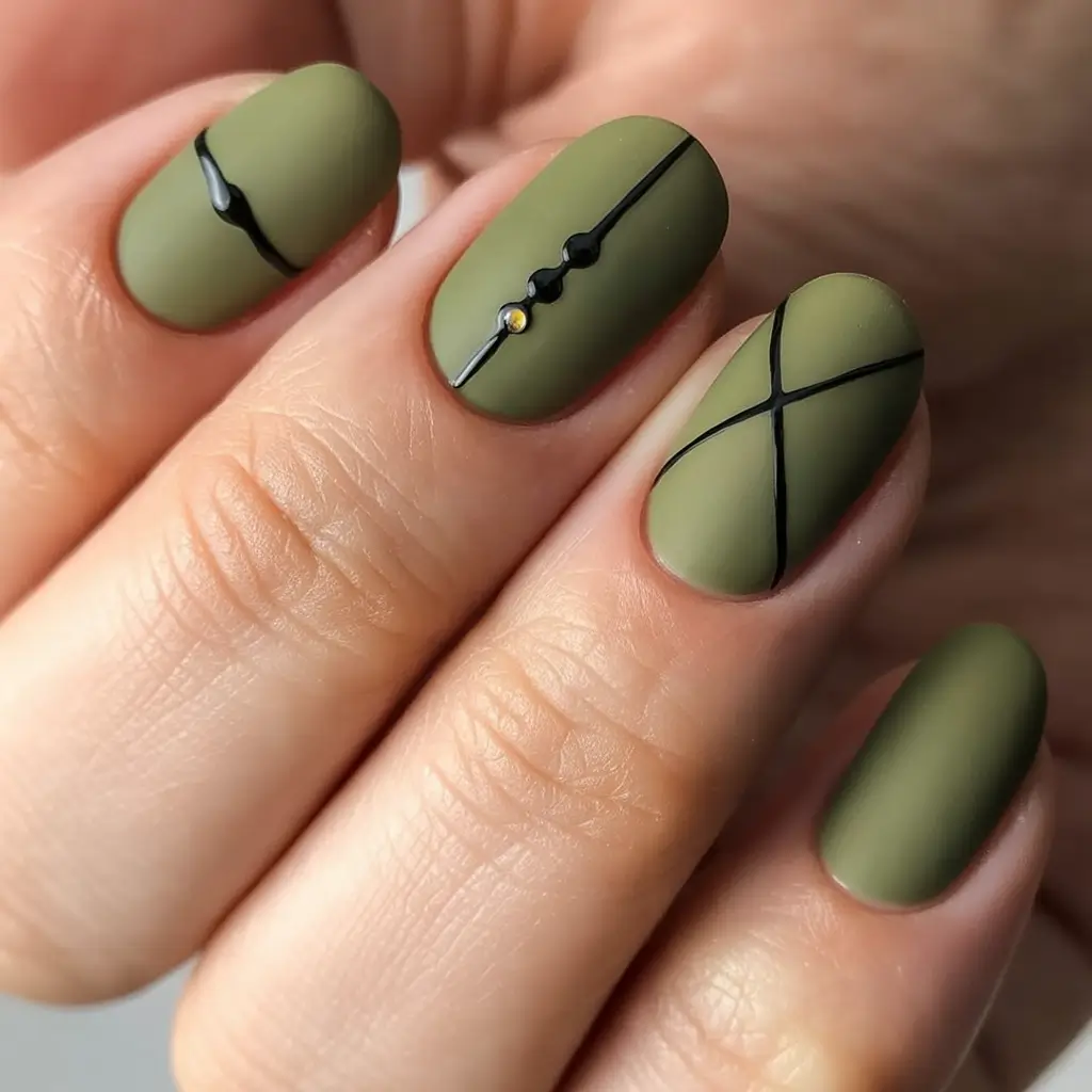 simple fall nails Matte Olive Minimalism with Graphic Lines