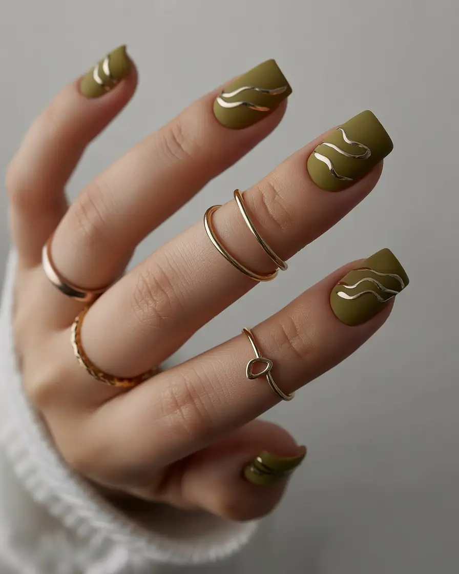 simple fall nails Olive Waves with Gold Accents