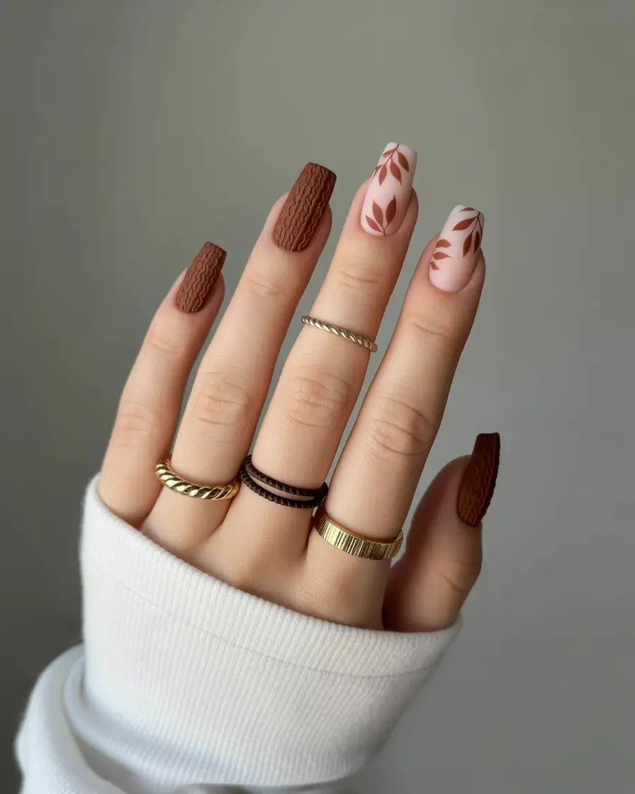 simple fall nails Textured Cocoa with Autumn Leaf Motifs