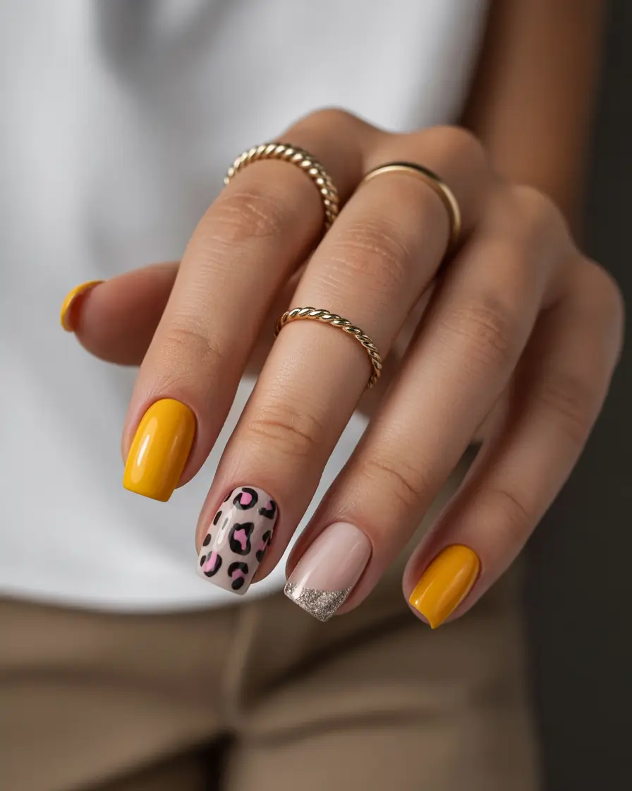 simple fall nails Golden Mustard with Leopard and Glitter Tips