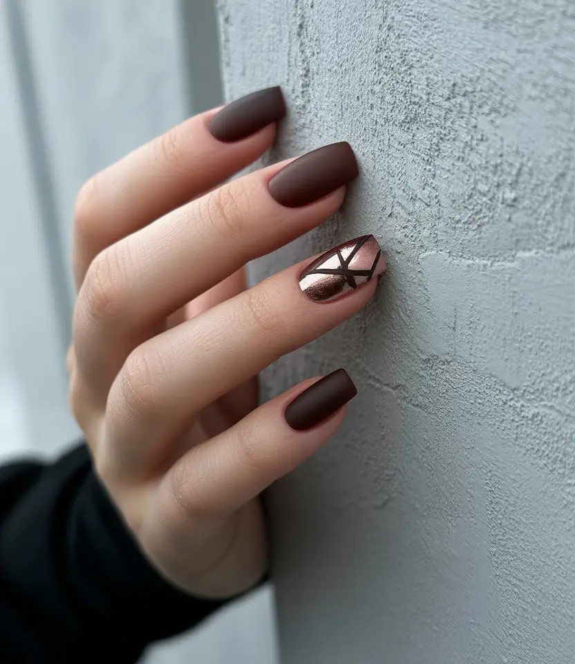 simple fall nails inspo 2025 Espresso Matte with Copper Geometry