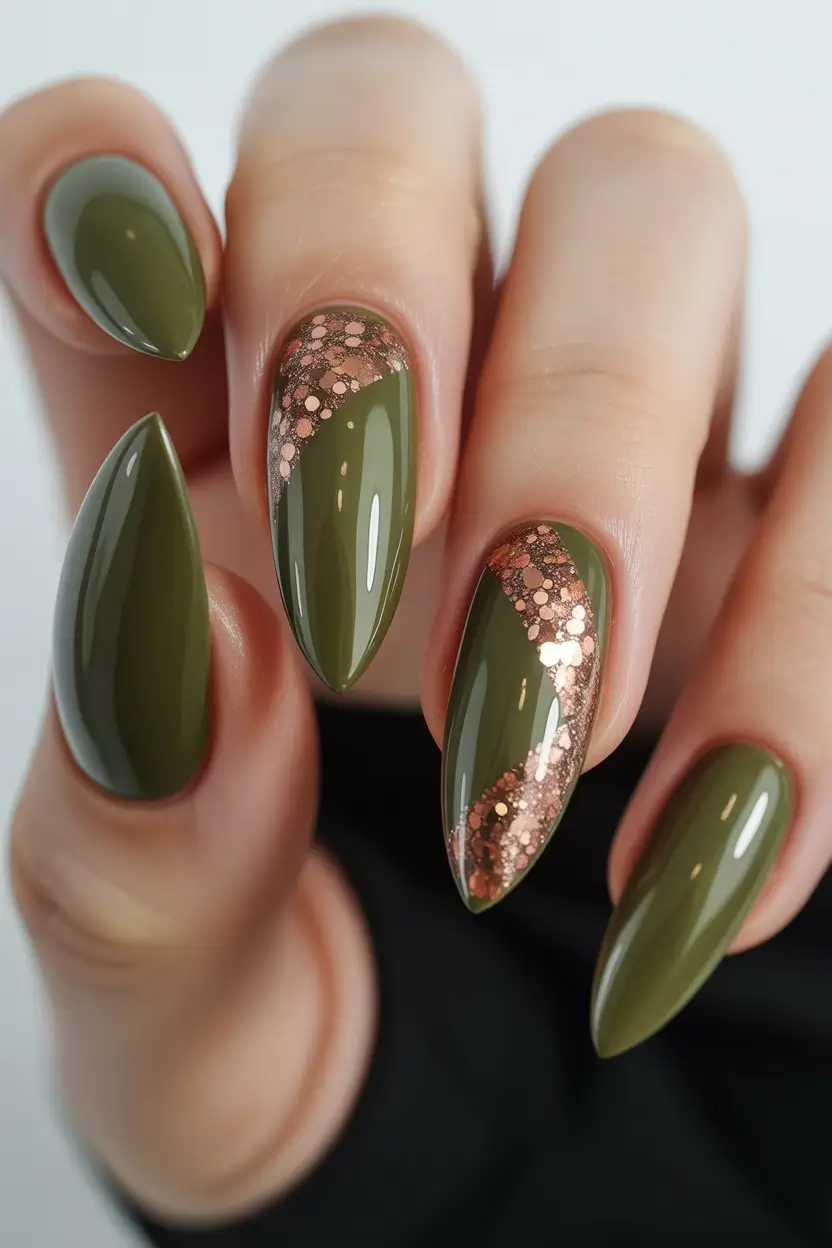 simple fall nails Olive Almond with Rose Gold Glitter Arcs