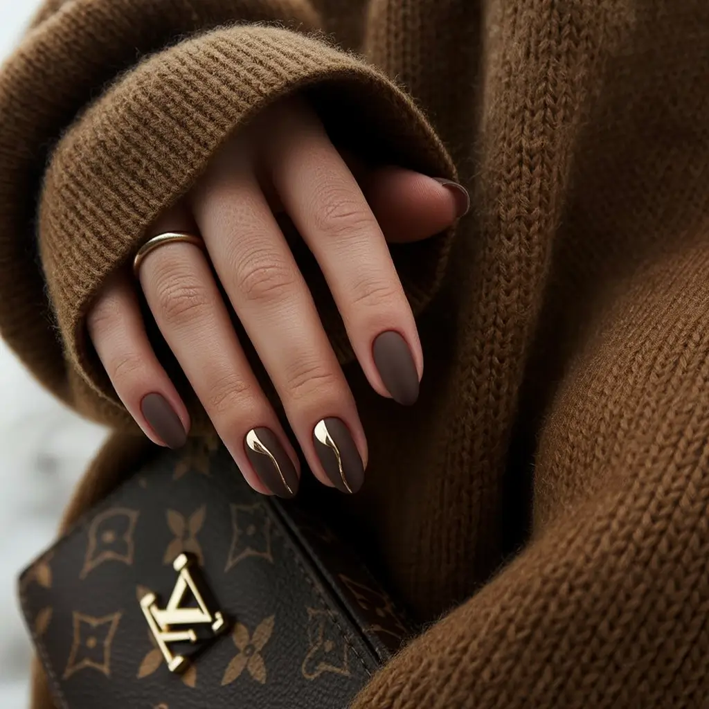 simple fall nails inspo 2025 Cocoa Matte with Molten Gold Accents