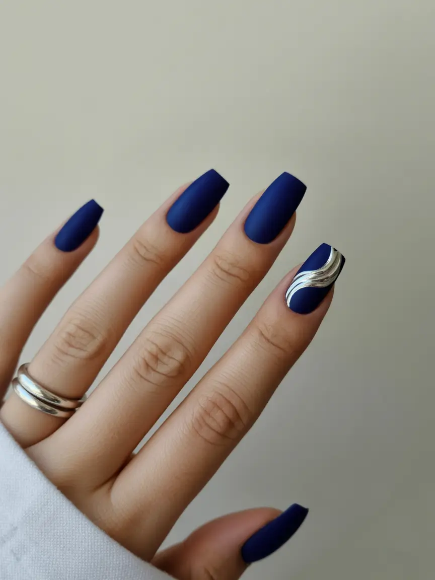 simple fall nails inspo 2025 Midnight Blue with Silver Wave Accent
