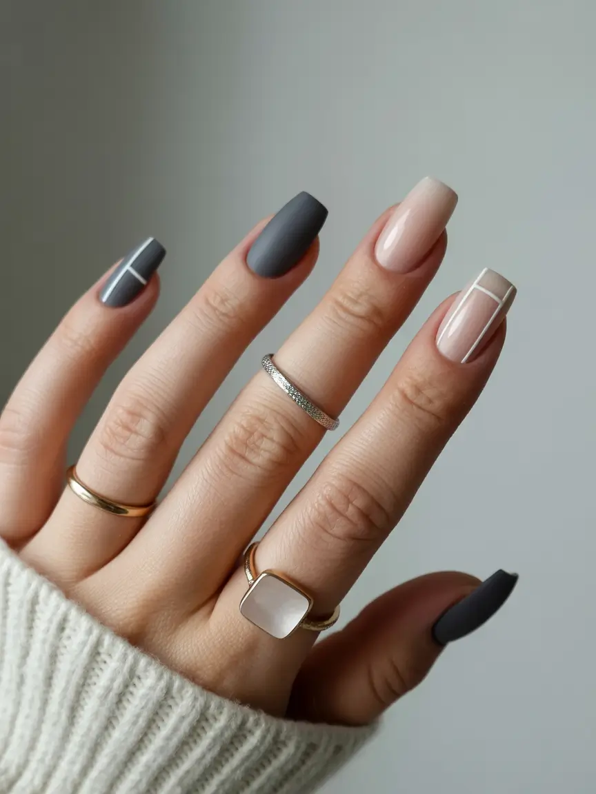 simple fall nails inspo 2025 Charcoal and Nude Minimal Line Art
