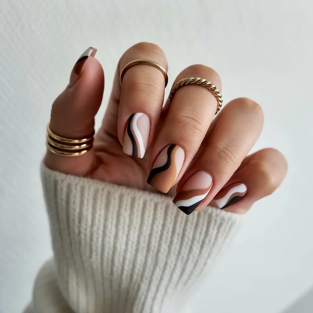 simple fall nails inspo 2025 Retro Earth-Tone Waves