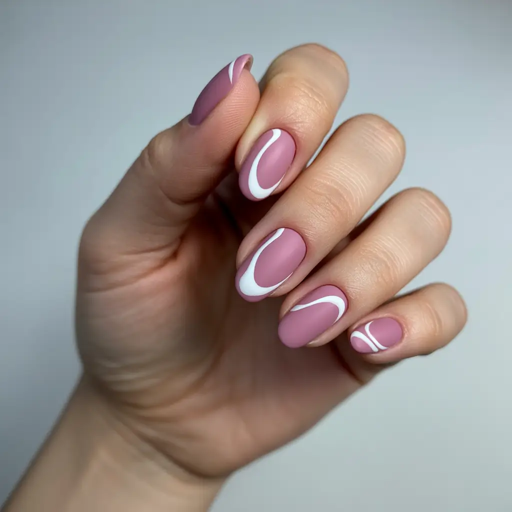 simple fall nails inspo 2025 Rose Mauve with White Contour