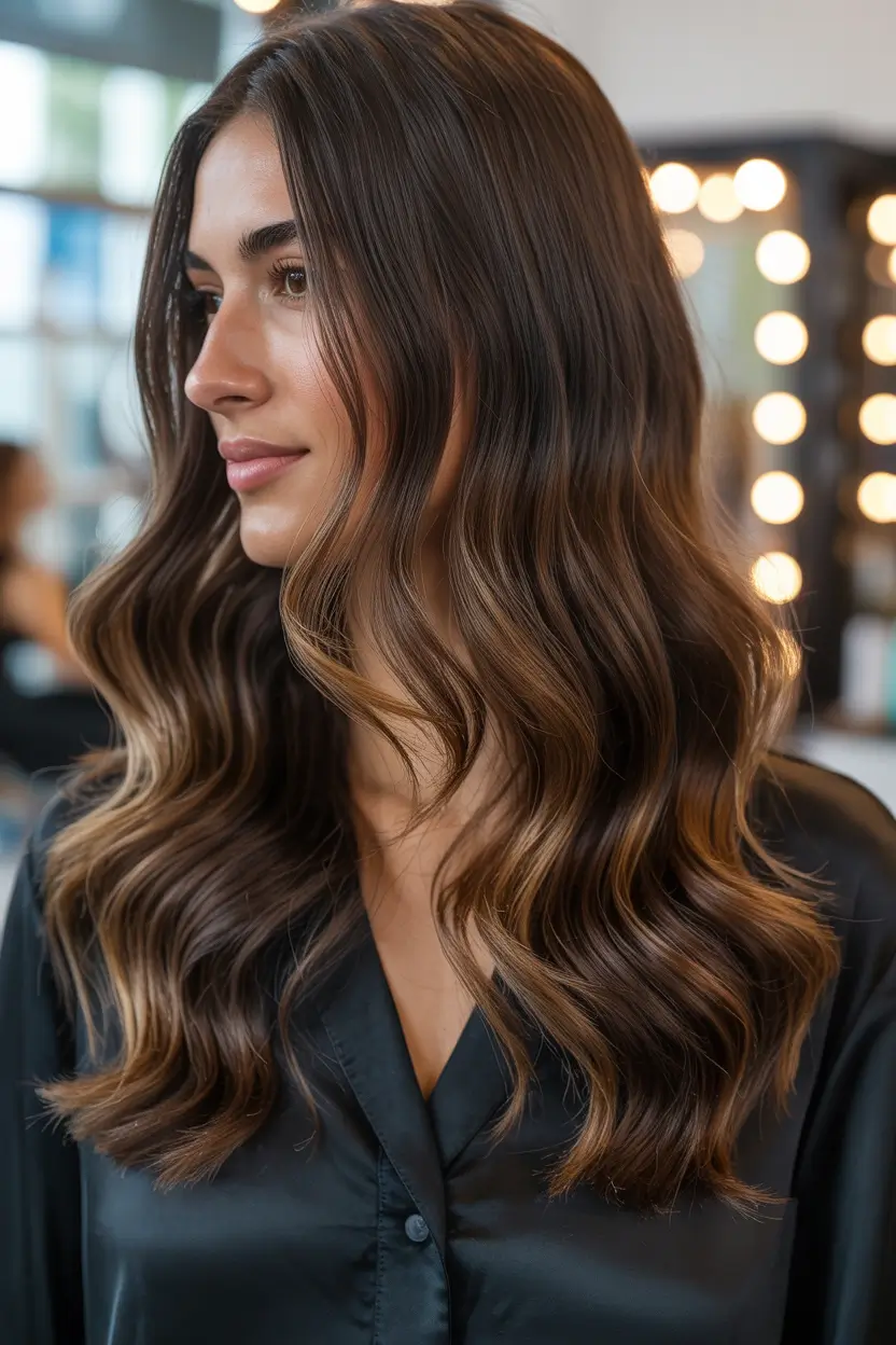 Warm fall hair color 2025 Espresso Waves with Subtle Caramel Highlights