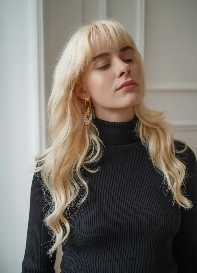 Warm fall hair color 2025 Buttery Blonde with Bangs