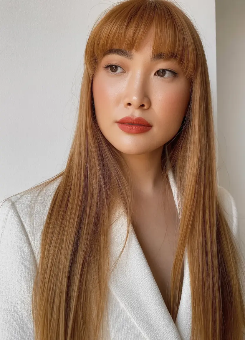 Warm fall hair color 2025 Caramel Sleek with Fringe