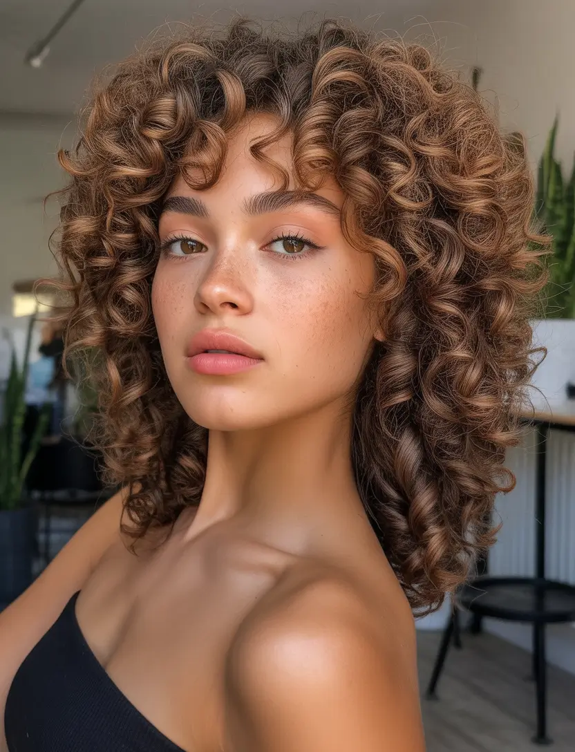 Warm fall hair color 2025 Soft Brunette Curls with Depth