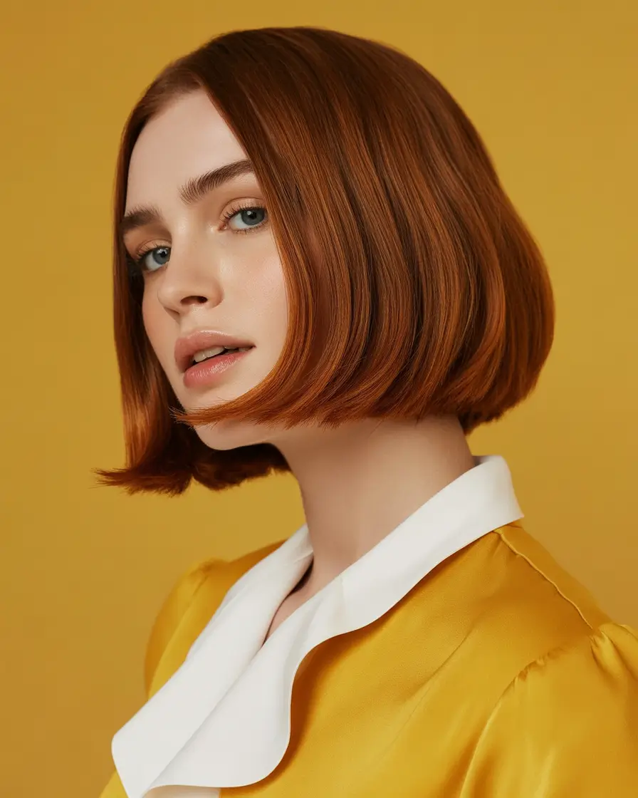 Warm fall hair color 2025 Polished Short Copper Bob