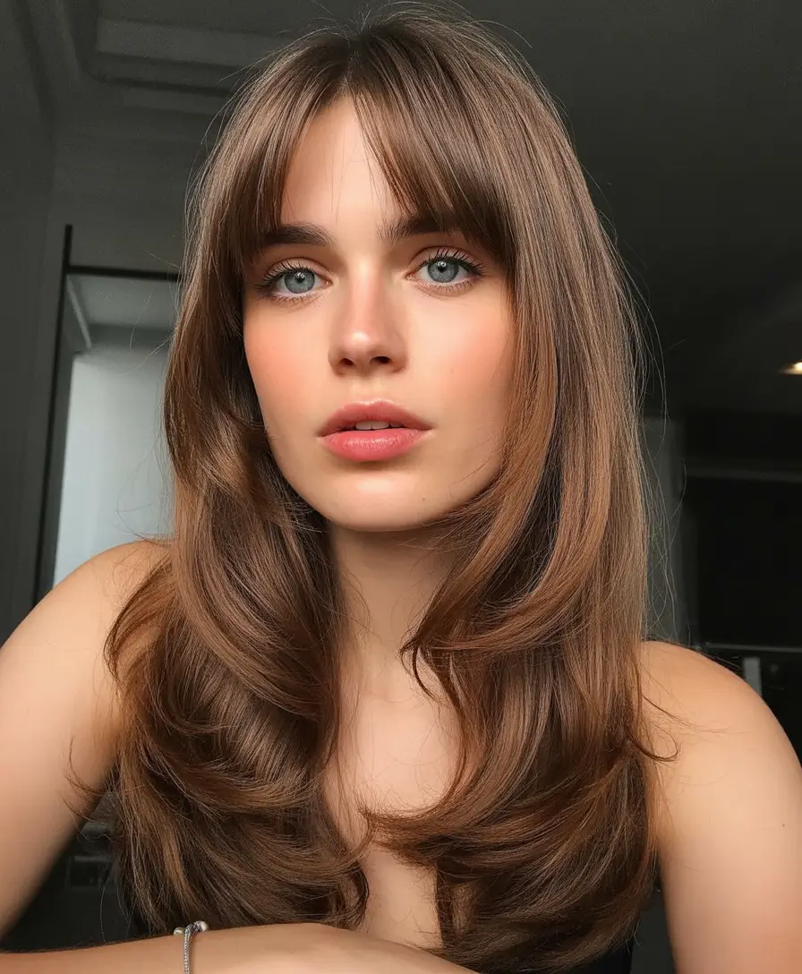Warm fall hair color 2025 Layered Light Brown with Soft Fringe