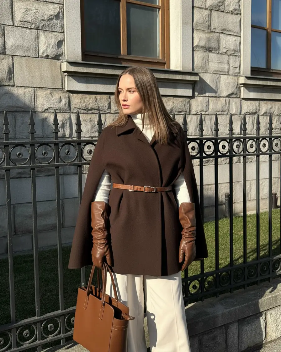 winter outfits 2025-2026 Chocolate Cape & Caramel Elegance
