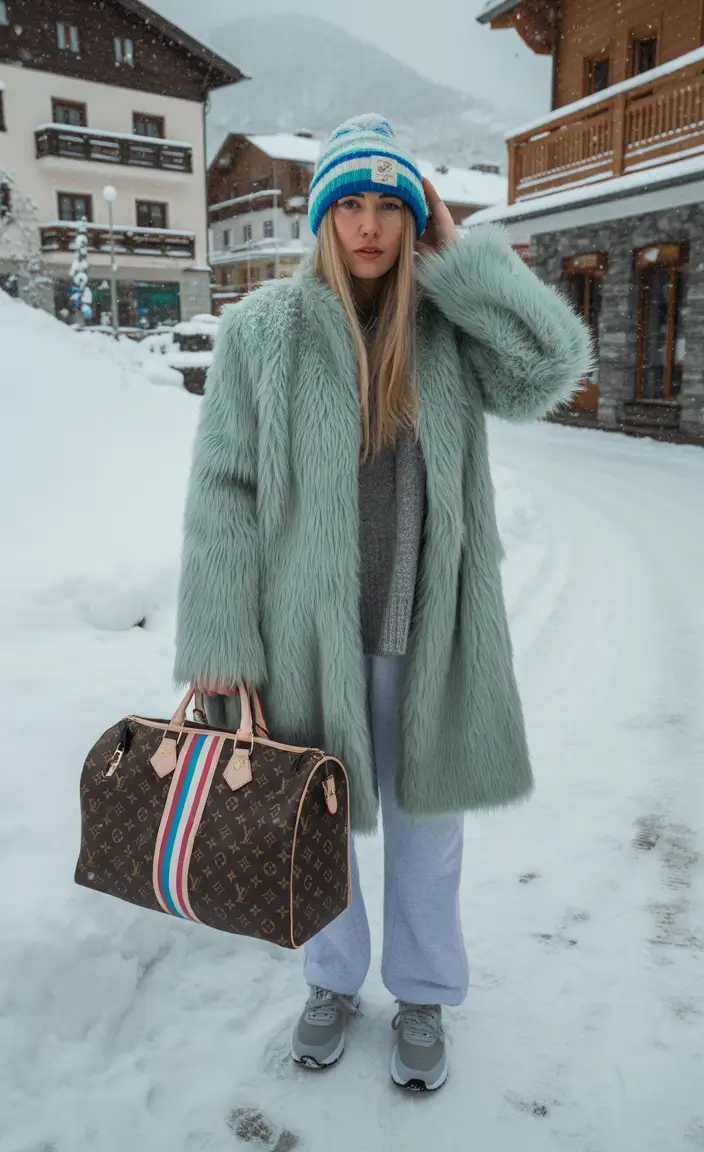 winter outfits 2025-2026 Ski Chalet Off-Duty in Mint Faux Fur