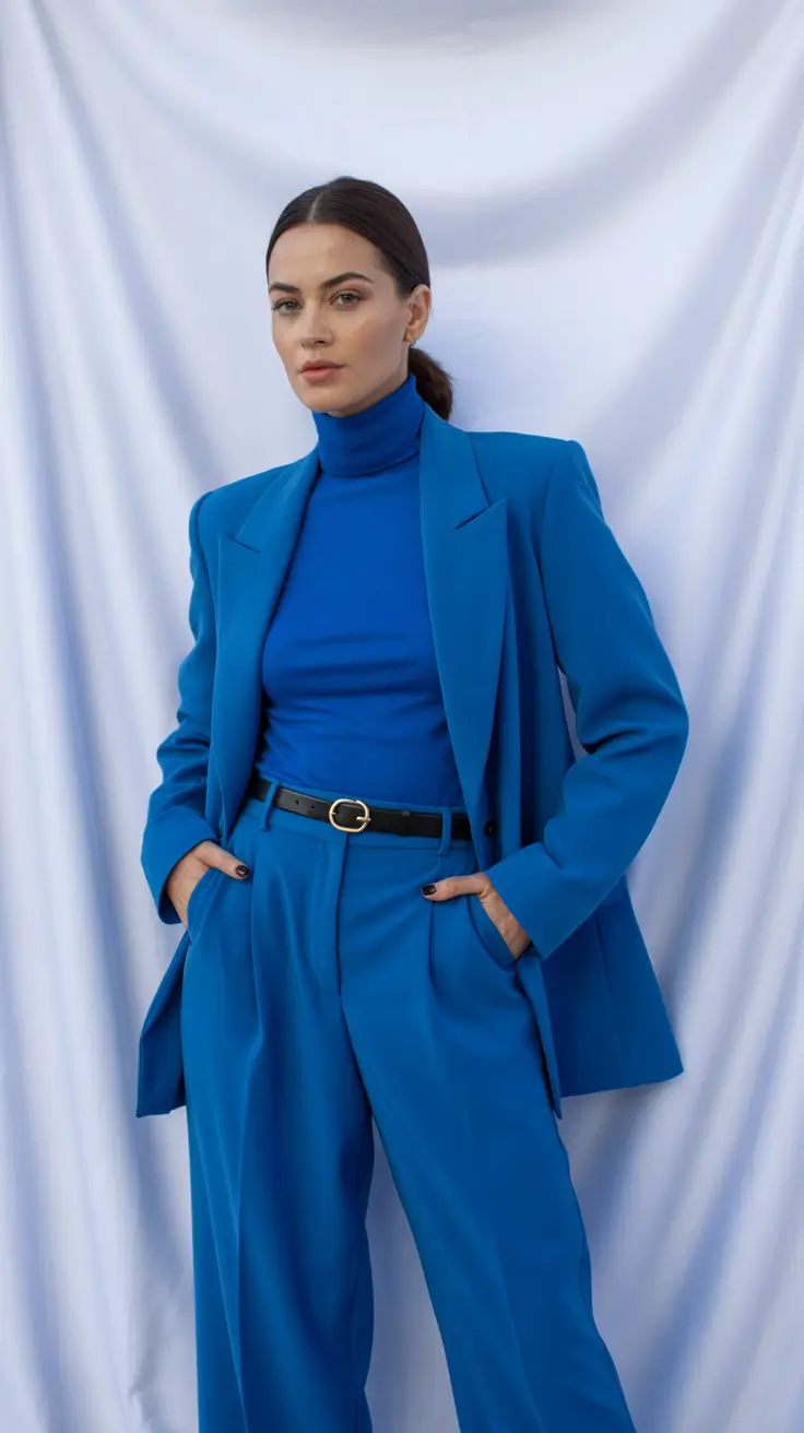 winter capsule wardrobe 2025-2026 Bold Blue Power Suit with a Soft Finish