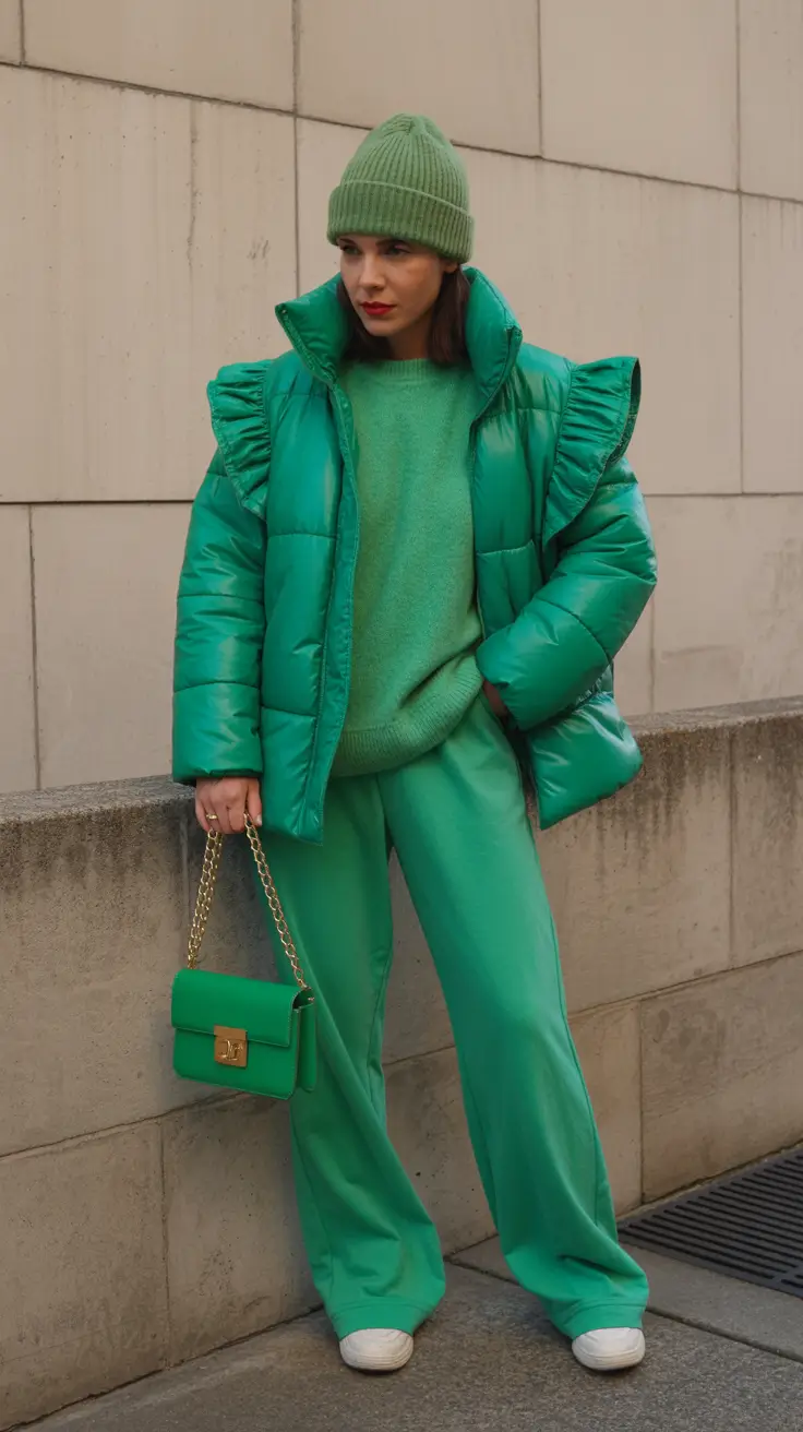 winter capsule wardrobe 2025-2026 Fresh Greens and Playful Shapes
