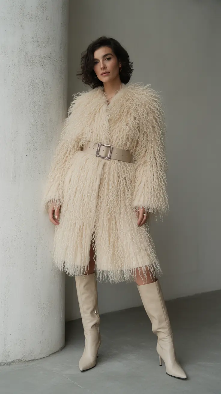 comfy winter outfits 2025-2026 Shearling Drama with a Twist