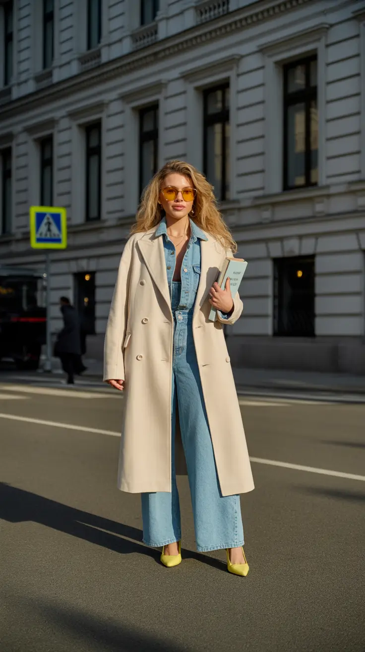 comfy winter outfits 2025-2026 Denim On Denim With Cream Accents