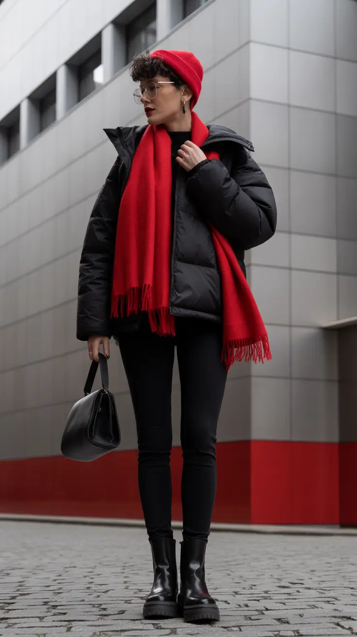 casual winter outfits 2025-2026 Minimalist Monochrome with a Red Accent Twist