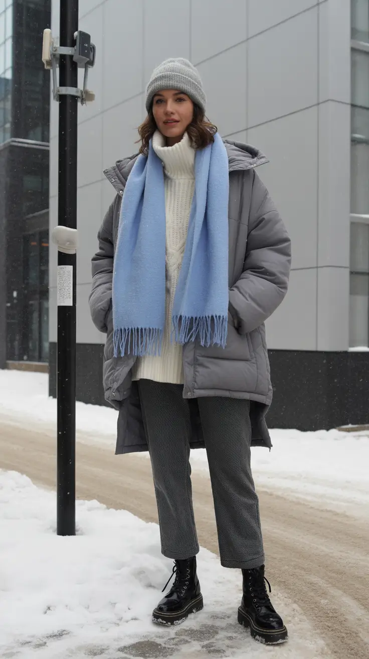 casual winter outfits 2025-2026 Frosty Blue Neutrals for City Snow Days